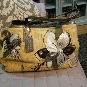 Coach multi-colored straw/burlap material